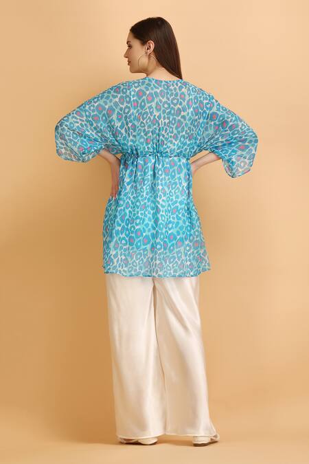 Shop_Label Ivish_Blue Chiffon, Satin, Muslin Embroidery V-neck Smear Print Kaftan Set _at_Aza_Fashions