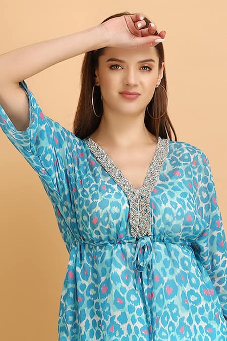 Label Ivish_Blue Chiffon, Satin, Muslin Embroidery V-neck Smear Print Kaftan Set _Online_at_Aza_Fashions