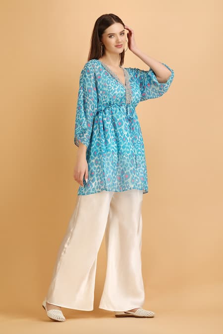 Buy_Label Ivish_Blue Chiffon, Satin, Muslin Embroidery V-neck Smear Print Kaftan Set _Online_at_Aza_Fashions