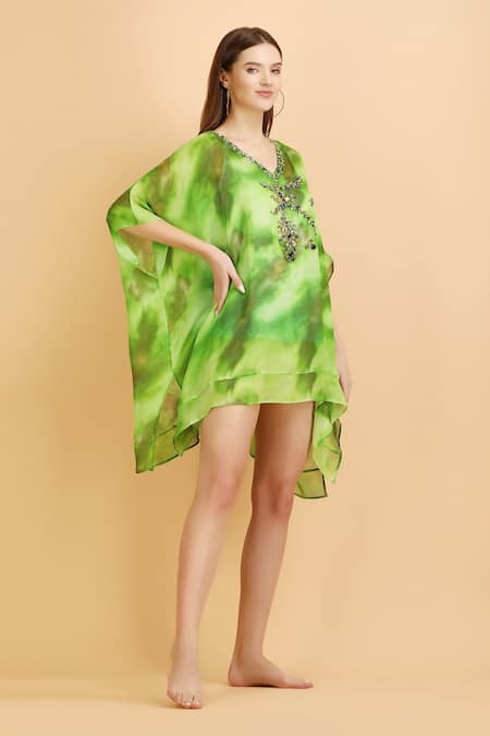 Buy_Label Ivish_Green V-neck Cosmic Print Embellished Kaftan With Inner Slip _Online_at_Aza_Fashions