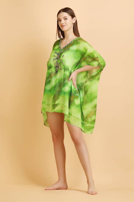 Shop_Label Ivish_Green V-neck Cosmic Print Embellished Kaftan With Inner Slip _Online_at_Aza_Fashions
