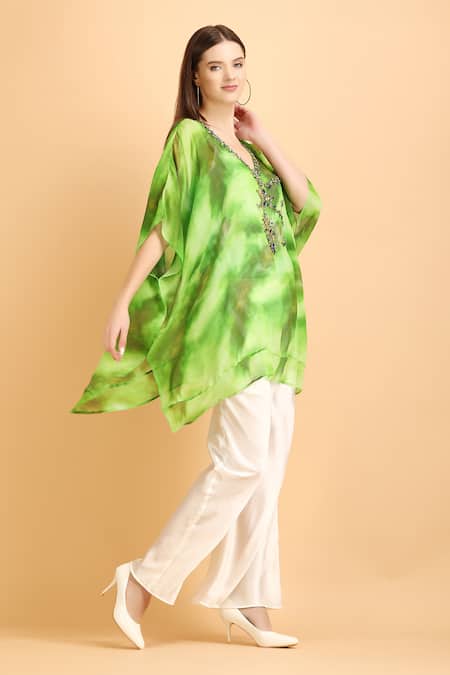 Label Ivish_Green Chiffon, Satin, Muslin Beads V-neck Cosmic Print Embellished Kaftan Set _Online_at_Aza_Fashions
