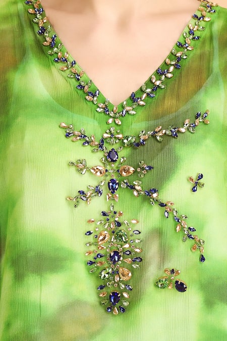 Buy_Label Ivish_Green Chiffon, Satin, Muslin Beads V-neck Cosmic Print Embellished Kaftan Set _Online_at_Aza_Fashions