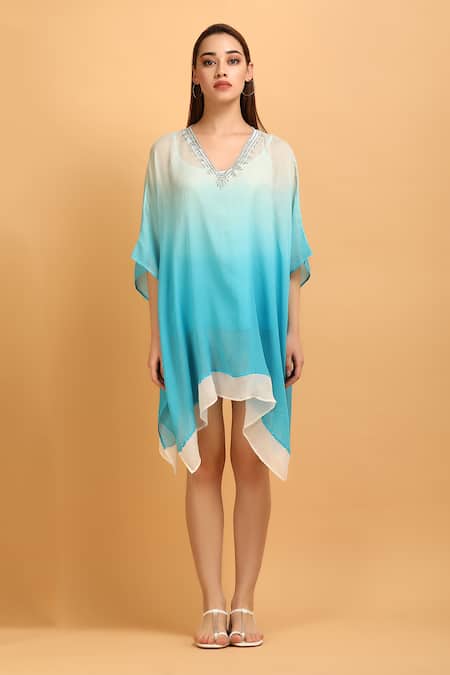 Label Ivish_Blue Chiffon, Muslin Embroidery Shaded Embellished Kaftan With Inner Slip _Online_at_Aza_Fashions