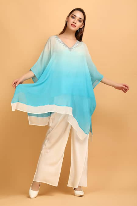 LABEL IVISH Blue Chiffon Shaded V Neck Embellished Kaftan Set  