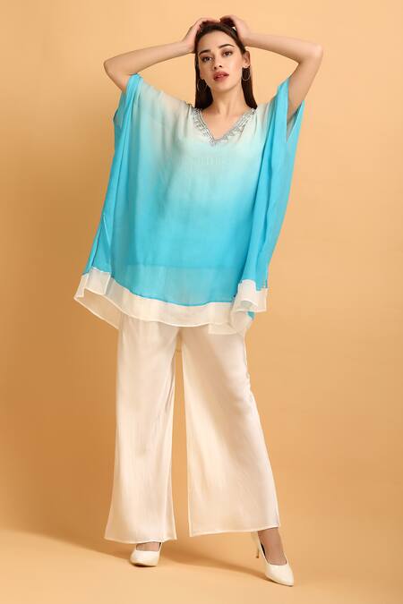 Label Ivish_Blue Chiffon, Satin, Muslin Embroidery V-neck Shaded Embellished Kaftan Set _Online_at_Aza_Fashions