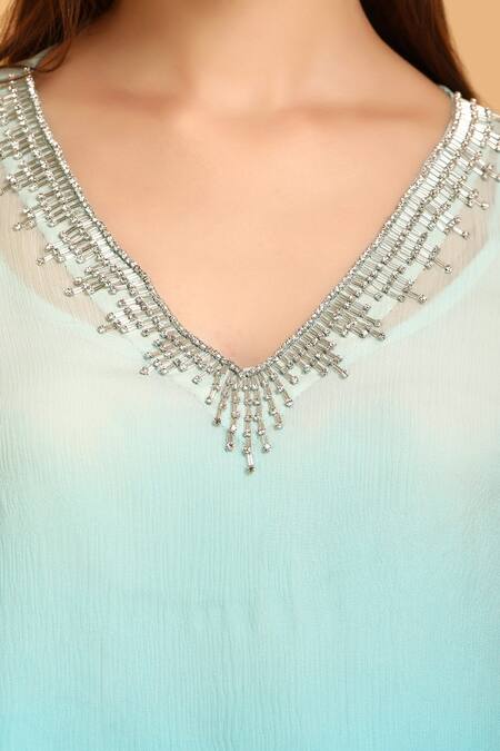 Label Ivish_Blue Chiffon, Satin, Muslin Embroidery V-neck Shaded Embellished Kaftan Set _at_Aza_Fashions