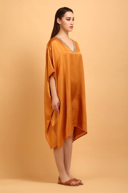 Label Ivish Orange Satin Embroidery V-neck Neckline Kaftan Online at Aza Fashions Label Ivish_Orange Satin Embroidery V-neck Neckline Kaftan _Online_at_Aza_Fashions