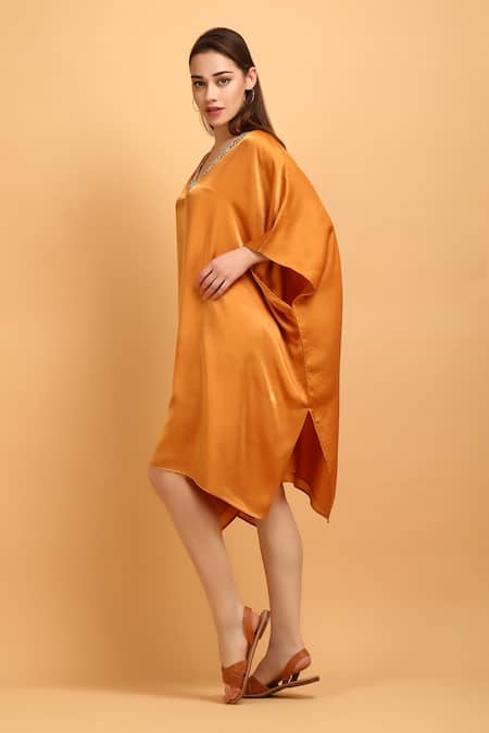 Buy Label Ivish Orange Satin Embroidery V-neck Neckline Kaftan Online at Aza Fashions Buy_Label Ivish_Orange Satin Embroidery V-neck Neckline Kaftan _Online_at_Aza_Fashions