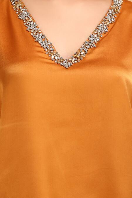 Shop Label Ivish Orange Satin Embroidery V-neck Neckline Kaftan Online at Aza Fashions Shop_Label Ivish_Orange Satin Embroidery V-neck Neckline Kaftan _Online_at_Aza_Fashions
