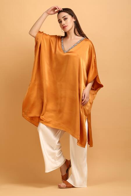 Label Ivish_Orange Satin Embroidery V-neck Neckline Kaftan With Palazzo _Online_at_Aza_Fashions