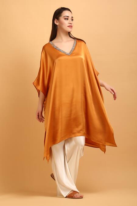 Buy_Label Ivish_Orange Satin Embroidery V-neck Neckline Kaftan With Palazzo _Online_at_Aza_Fashions