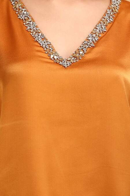 Shop_Label Ivish_Orange Satin Embroidery V-neck Neckline Kaftan With Palazzo _Online_at_Aza_Fashions