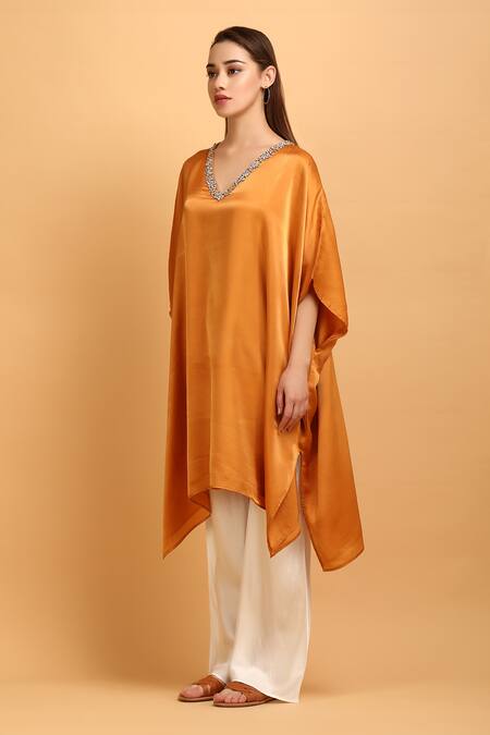 Label Ivish_Orange Satin Embroidery V-neck Neckline Kaftan With Palazzo _at_Aza_Fashions