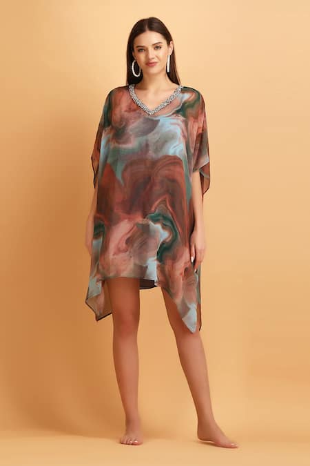 Label Ivish_Brown Chiffon, Muslin Embroidery V-neck Swerve Print Kaftan With Inner Slip _Online_at_Aza_Fashions