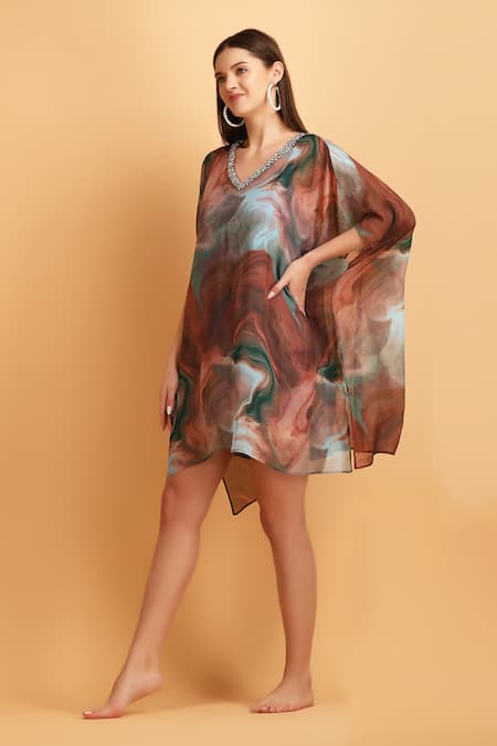 Buy_Label Ivish_Brown Chiffon, Muslin Embroidery V-neck Swerve Print Kaftan With Inner Slip _Online_at_Aza_Fashions