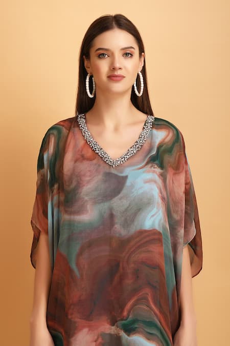 Shop_Label Ivish_Brown Chiffon, Muslin Embroidery V-neck Swerve Print Kaftan With Inner Slip _Online_at_Aza_Fashions