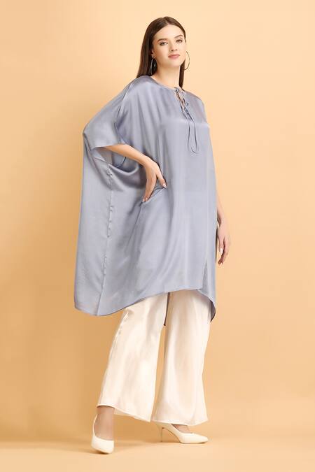 Label Ivish_Grey Satin Open Neck Tie-up Plain Kaftan With Palazzo _Online_at_Aza_Fashions