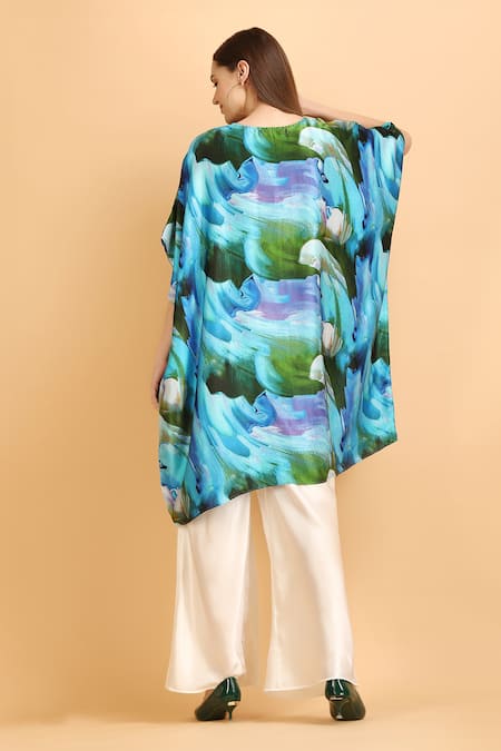Label Ivish Bluebell Print Tie-Up Neck Satin Kaftan With Palazzo 