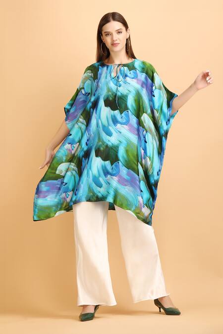 Label Ivish_Blue Satin Round Neck Bluebell Print Tie-up Kaftan With Palazzo _Online_at_Aza_Fashions