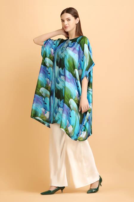 Buy_Label Ivish_Blue Satin Round Neck Bluebell Print Tie-up Kaftan With Palazzo _Online_at_Aza_Fashions