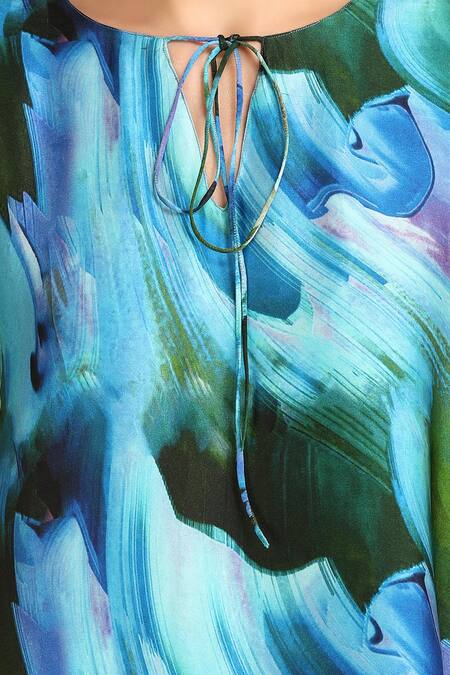 Shop_Label Ivish_Blue Satin Round Neck Bluebell Print Tie-up Kaftan With Palazzo _Online_at_Aza_Fashions