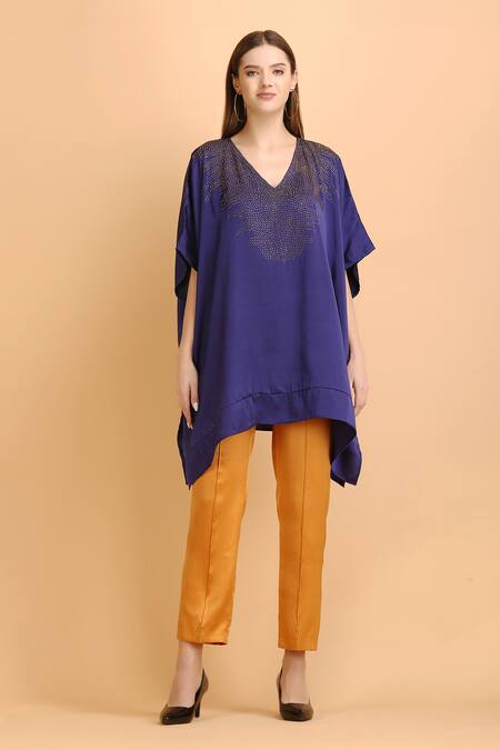 Label Ivish_Blue Satin Rhinestones V-neck Embellished Kaftan With Trouser _Online_at_Aza_Fashions