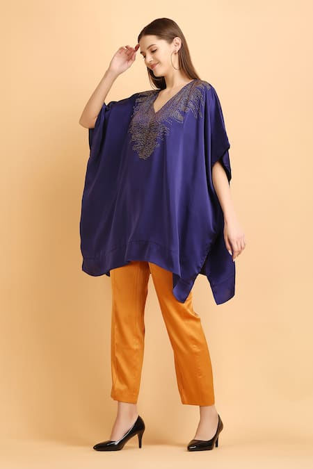 Buy_Label Ivish_Blue Satin Rhinestones V-neck Embellished Kaftan With Trouser _Online_at_Aza_Fashions