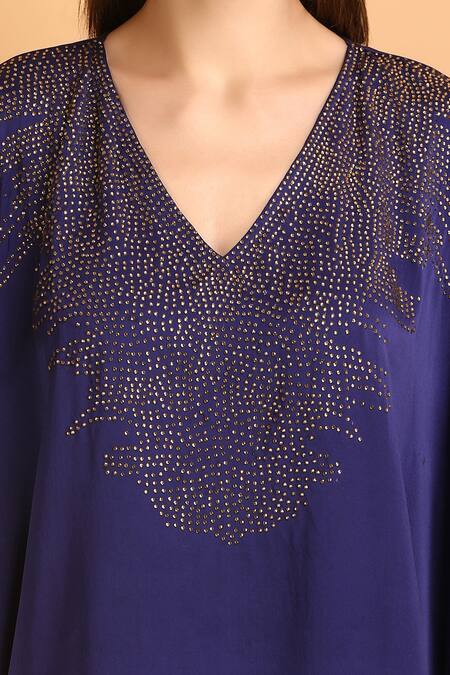 Shop_Label Ivish_Blue Satin Rhinestones V-neck Embellished Kaftan With Trouser _Online_at_Aza_Fashions