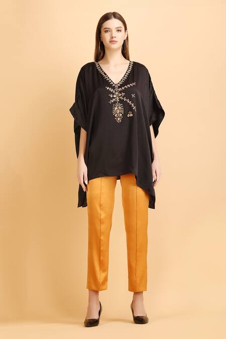 Label Ivish_Black Satin Rhinestones V-neck Embellished Neckline Kaftan With Trouser _Online_at_Aza_Fashions