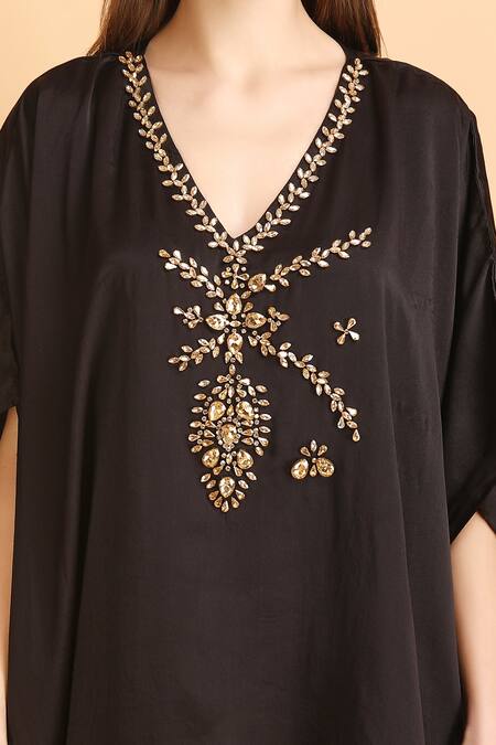 Shop_Label Ivish_Black Satin Rhinestones V-neck Embellished Neckline Kaftan With Trouser _Online_at_Aza_Fashions