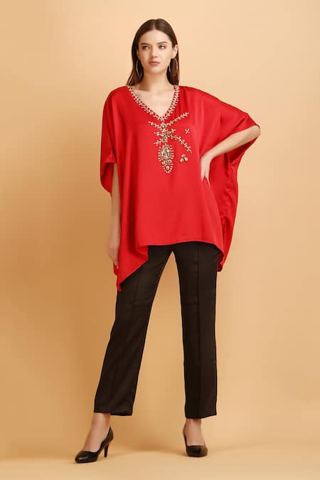 LABEL IVISH Red Satin V Neck Rhinestone Embellished Asymmetric Kaftan With Trouser  