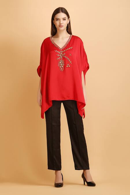 LABEL IVISH Red Satin V Neck Rhinestone Embellished Asymmetric Kaftan With Trouser   3