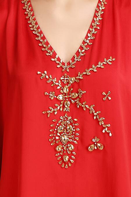 LABEL IVISH Red Satin V Neck Rhinestone Embellished Asymmetric Kaftan With Trouser   5