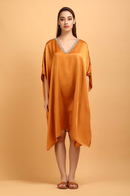 LABEL IVISH Orange Satin V Neck Embroidered Neckline Kaftan  