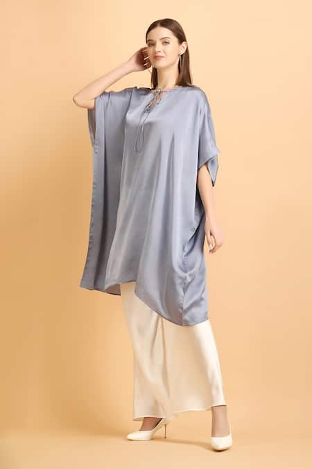 LABEL IVISH Grey Satin Plain Round Tie-up Neck Kaftan With Palazzo  