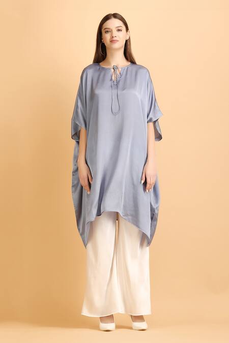 Shop_Label Ivish_Grey Satin Open Neck Tie-up Plain Kaftan With Palazzo _Online_at_Aza_Fashions