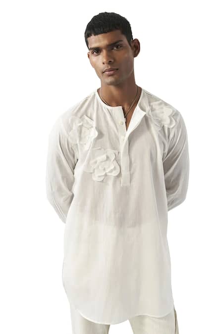 Buy_Triune_White Voile Fabric Flowers Handmade 3d Floral Patchwork Shirt _Online_at_Aza_Fashions