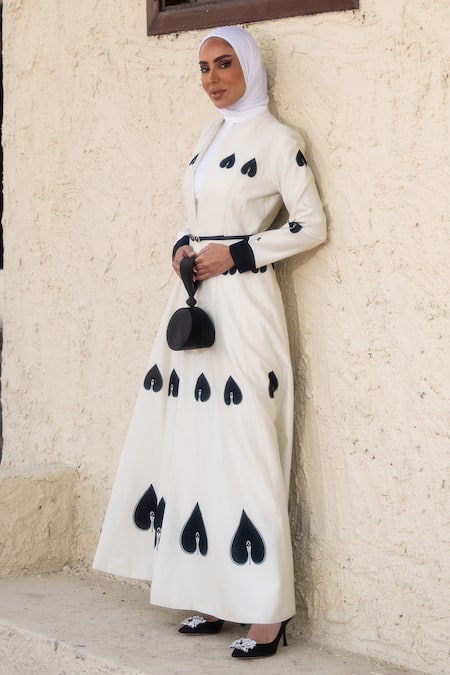 Shop_Ampm_Ivory Chanderi Mandarin Collar, Round Neck Spade Print Longline Jacket Pant Set 