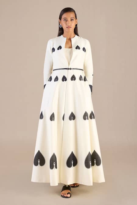 Buy_Ampm_Ivory Chanderi Mandarin Collar, Round Neck Spade Print Longline Jacket Pant Set _Online_at_Aza_Fashions