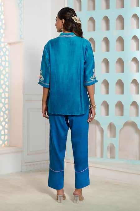Shop Samyukta Singhania Blue Chanderi, Cotton Embroidery Shawl Neck Placed Crochet Shirt With Pant at Aza Fashions Shop_Samyukta Singhania_Blue Chanderi, Cotton Embroidery Shawl Neck Placed Crochet Shirt With Pant _at_Aza_Fashions