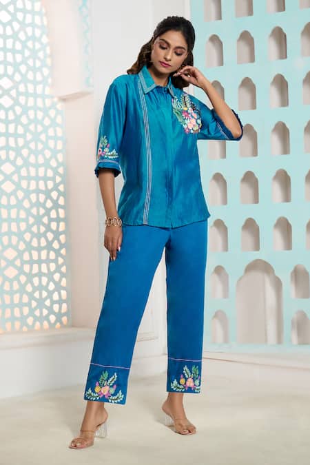 Shop Samyukta Singhania Blue Chanderi, Cotton Embroidery Shawl Neck Placed Crochet Shirt With Pant Online at Aza Fashions Shop_Samyukta Singhania_Blue Chanderi, Cotton Embroidery Shawl Neck Placed Crochet Shirt With Pant _Online_at_Aza_Fashions