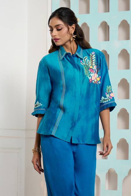 Samyukta Singhania Blue Chanderi, Cotton Embroidery Shawl Neck Placed Crochet Shirt With Pant at Aza Fashions Samyukta Singhania_Blue Chanderi, Cotton Embroidery Shawl Neck Placed Crochet Shirt With Pant _at_Aza_Fashions