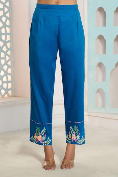 Shop Samyukta Singhania Blue Chanderi, Cotton Embroidery Shawl Neck Placed Crochet Shirt With Pant Shop_Samyukta Singhania_Blue Chanderi, Cotton Embroidery Shawl Neck Placed Crochet Shirt With Pant