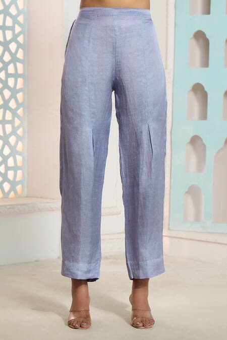 Samyukta Singhania Grey Linen, Satin Embroidery V-neck Thread Jacket Tunic With Pant Online at Aza Fashions Samyukta Singhania_Grey Linen, Satin Embroidery V-neck Thread Jacket Tunic With Pant _Online_at_Aza_Fashions