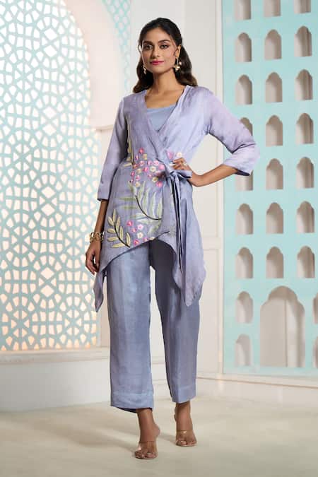 Buy Samyukta Singhania Grey Linen, Satin Embroidery V-neck Thread Jacket Tunic With Pant Online at Aza Fashions Buy_Samyukta Singhania_Grey Linen, Satin Embroidery V-neck Thread Jacket Tunic With Pant _Online_at_Aza_Fashions