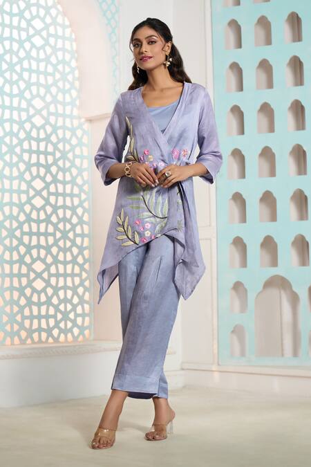 Shop Samyukta Singhania Grey Linen, Satin Embroidery V-neck Thread Jacket Tunic With Pant Online at Aza Fashions Shop_Samyukta Singhania_Grey Linen, Satin Embroidery V-neck Thread Jacket Tunic With Pant _Online_at_Aza_Fashions