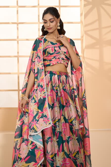 Samyukta Singhania Green Slim Georgette Printed Floral Cape Open Lehenga Set  6