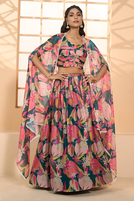 Samyukta Singhania Green Slim Georgette Printed Floral Cape Open Lehenga Set  7