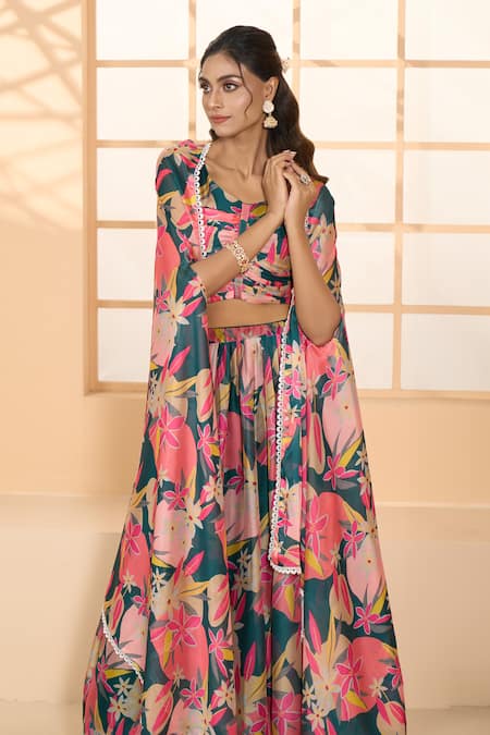 Samyukta Singhania Green Slim Georgette Printed Floral Cape Open Lehenga Set  11